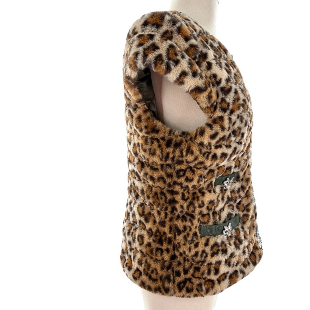 Glamourpuss Leopard Print Faux Fur Vest with Crystal Embellishments sz. M - Picture 6 of 11